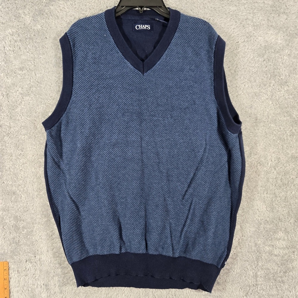 Chaps Mens Sweater Vest Large Blue Cotton V-Neck Knit Textured Old Money